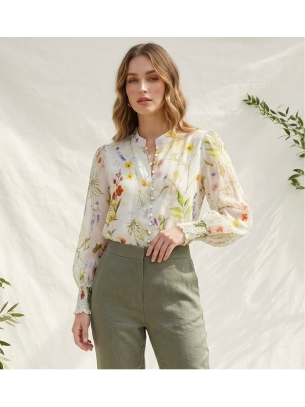 Lucky & Coco Floral Sheer Blouse Medium NWOT Smocked Cuff Wildflower Cottagecore